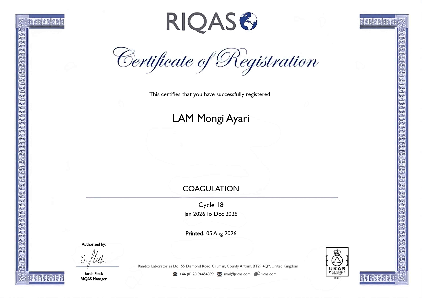 Certificate of Registration Coagulation Certificate of Registration Coagulation