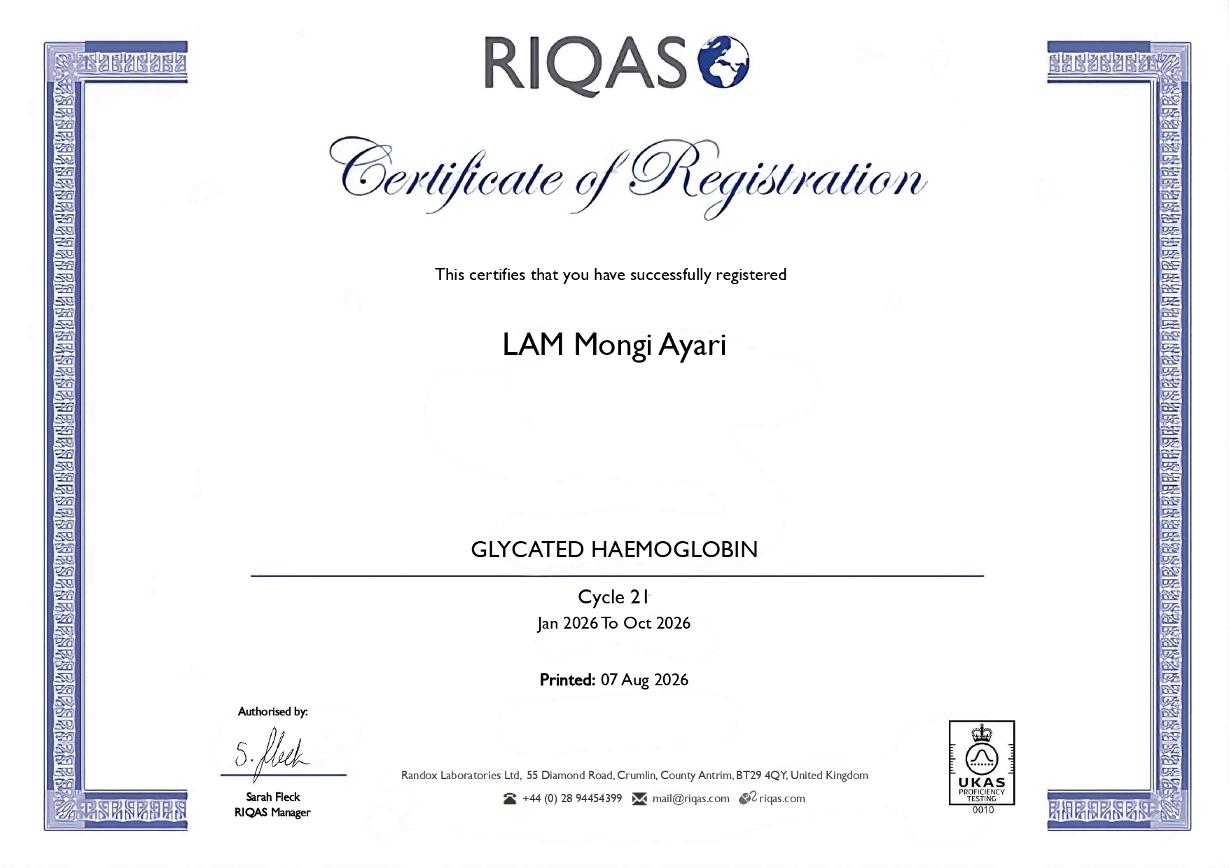 Certificate of Registration Glycated Haemoglobin Certificate of Registration Glycated Haemoglobin