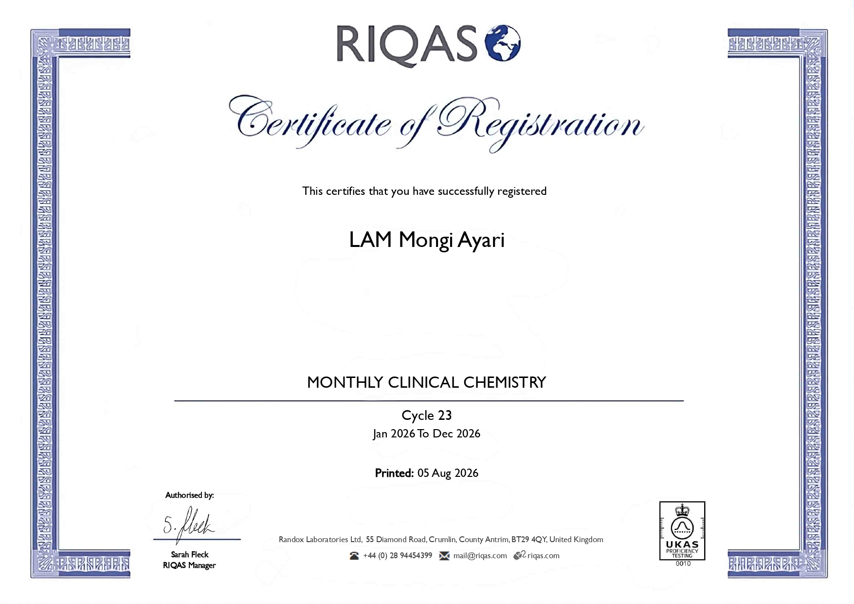 Certificate of registration chemistry Certificate of registration chemistry
