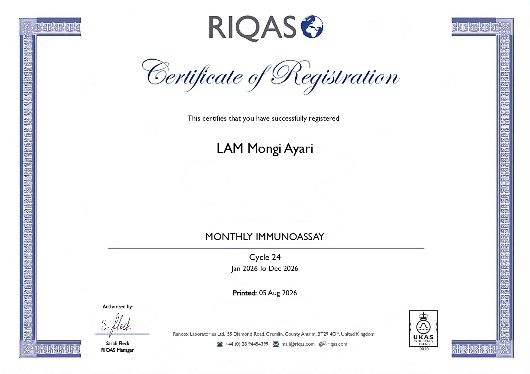 Certificate of Registration Immunoassay Certificate of Registration Immunoassay